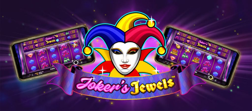 Image showing the Joker's Jewels game logo, represented by a jester's hat and vibrant jewels, alongside several mobile phones showing the game's interface.