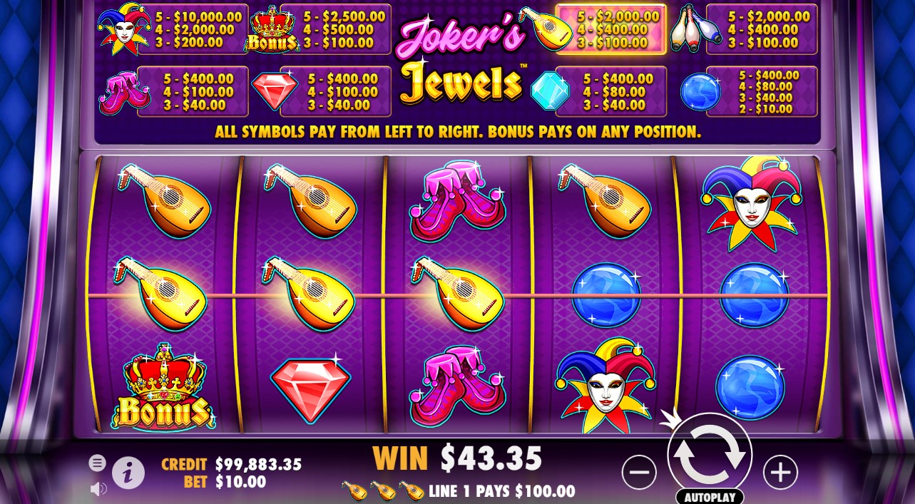 Captura de pantalla de la tragaperras Joker's Jewels, con coloridos rodillos repletos de iconos temáticos como la gorra del bufón, varias joyas y símbolos de tragaperras tradicionales.